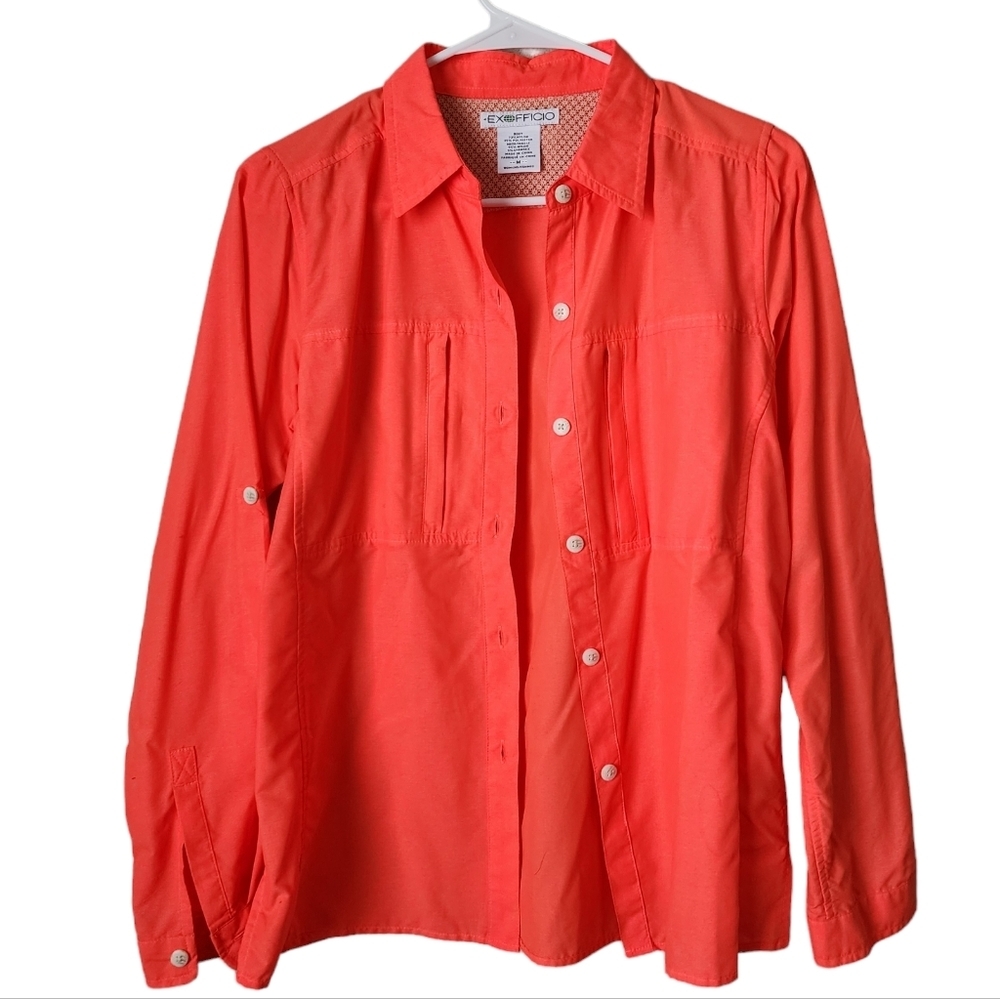 EXOFFICIO Lightweight Nylon Blend Button Up Shirt Neon Orange‎ M Hiking gorpcore